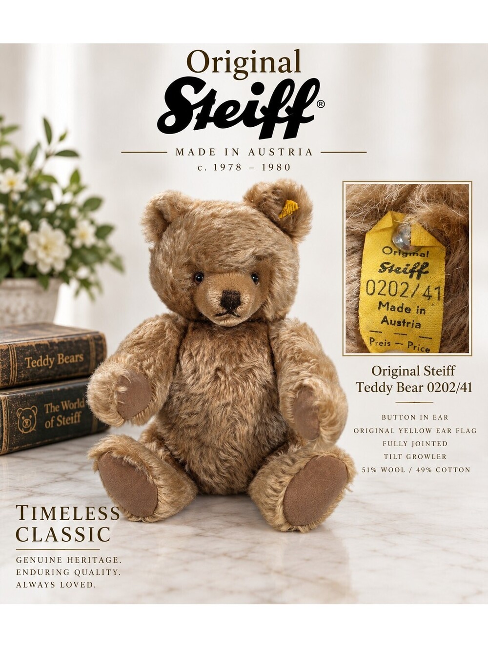 Vintage 1970/80s Steiff 0202/41 Teddy Bear 15" Austria Button Ear Tag Growler